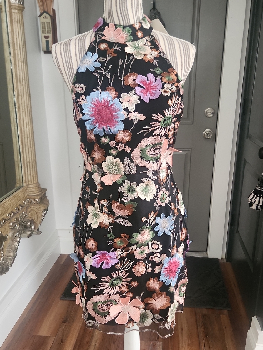 Entro Lace Black Embroidered 3D Multicolor Floral Flowers Dress